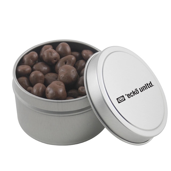 Chocolate Covered Raisins in a Round Metal Tin with Lid... from ASI 44900 NC Custom (CI/Lanco) / Lanco