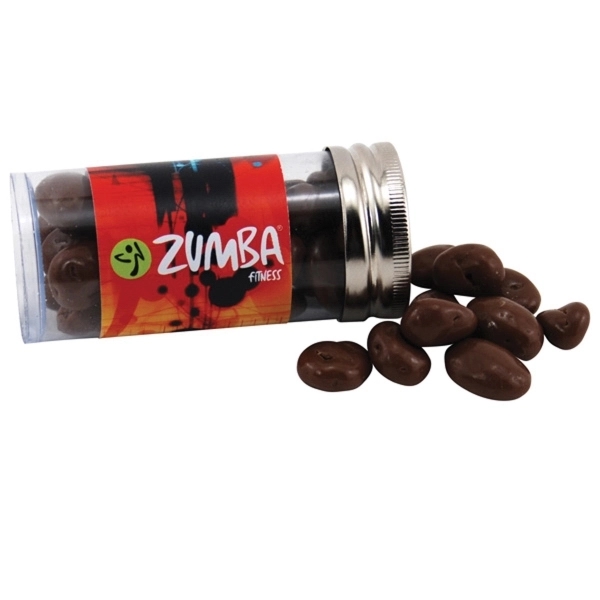 Chocolate Covered Raisins in a 3 " Plastic Tube with Metal... from ASI 44900 NC Custom (CI/Lanco) / Lanco