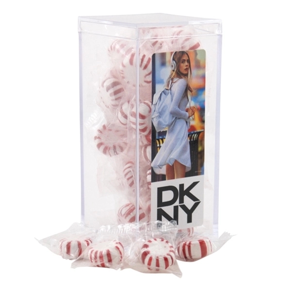 Clear acrylic box with full color label, filled with Starlight Peppermints.... from ASI 44900 NC Custom (CI/Lanco)