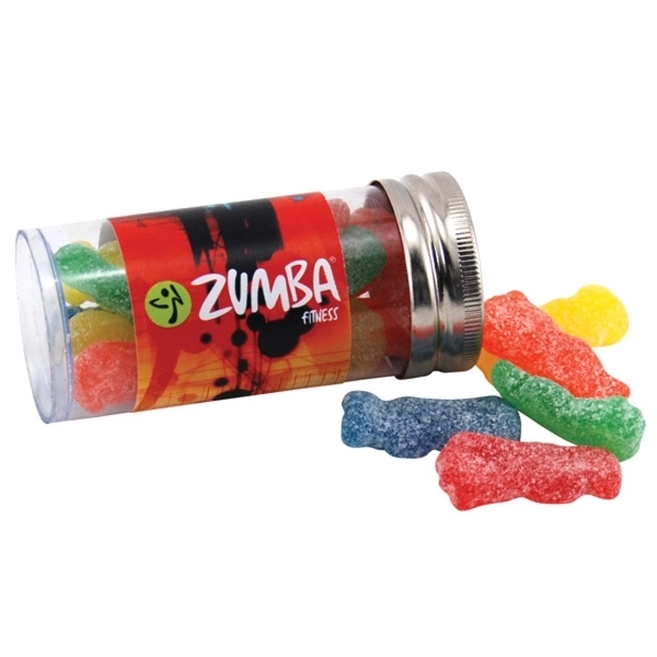 3" plastic tube with metal cap and filled with sour kids... from ASI 44900 NC Custom (CI/Lanco) / Chocolate Inn