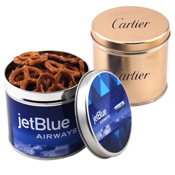 Mini Pretzels in a 3.5" Round Metal Tin with Lid... from ASI 44900 NC Custom (CI/Lanco) / Lanco