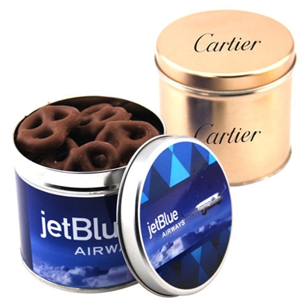 Chocolate Covered Pretzels in a 3.5" Round Metal Tin with Lid... from ASI 44900 NC Custom (CI/Lanco) / Lanco