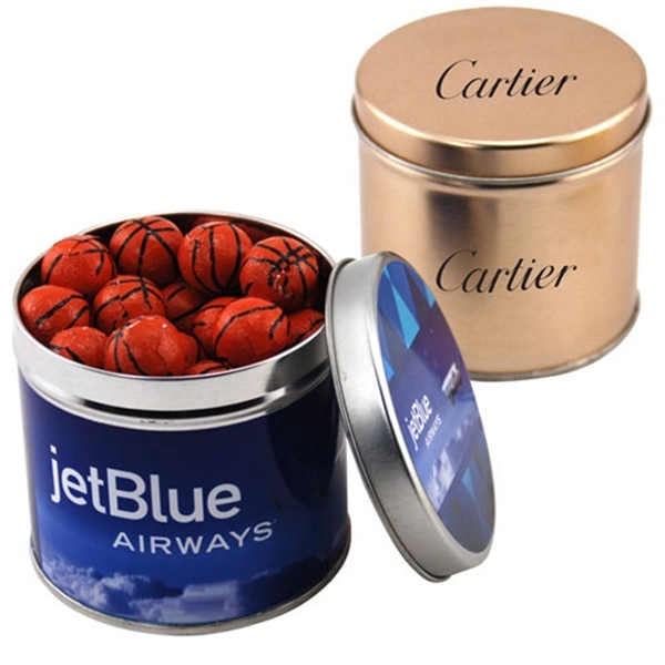 Chocolate Basketballs in a 3.5" Round Metal Tin with Lid... from ASI 44900 NC Custom (CI/Lanco) / Lanco