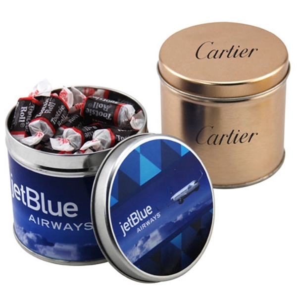 Tootsie Rolls in a 3.5" Round Metal Tin with Lid... from ASI 44900 NC Custom (CI/Lanco) / Lanco