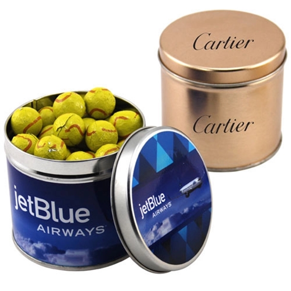 Chocolate Tennis Balls in a 3.5" Round Metal Tin with Lid... from ASI 44900 NC Custom (CI/Lanco) / Lanco
