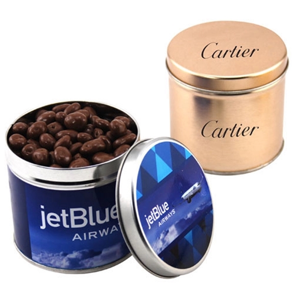 Chocolate Covered Raisins in a 3.5" Round Metal Tin with Lid... from ASI 44900 NC Custom (CI/Lanco) / Lanco