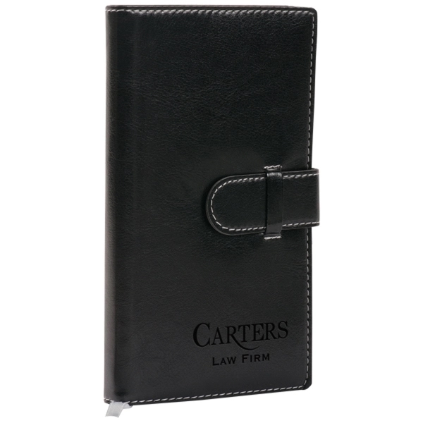 Notebook with flap closure, white stitching, pen holder, bookmark, 48 cream... from ASI 42920 Busrel Inc