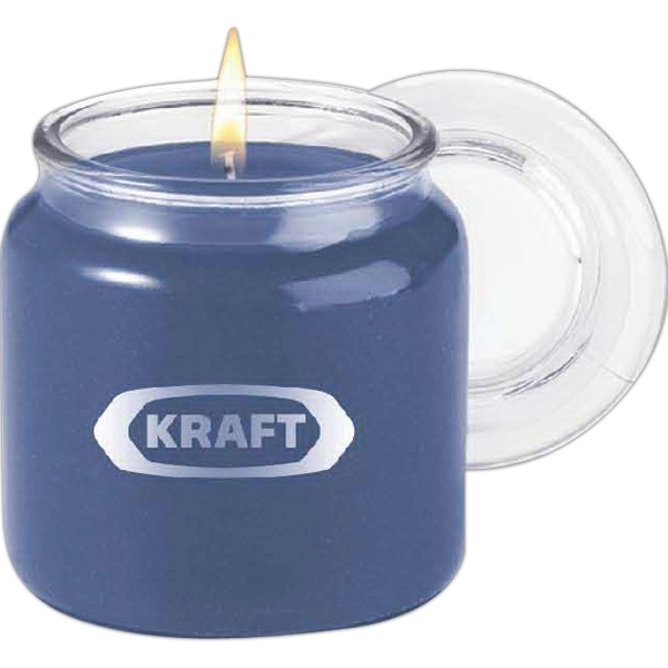 Votive candle inside a 16 oz. footed glass jar with scent... from ASI 44900 NC Custom (CI/Lanco) / Lanco