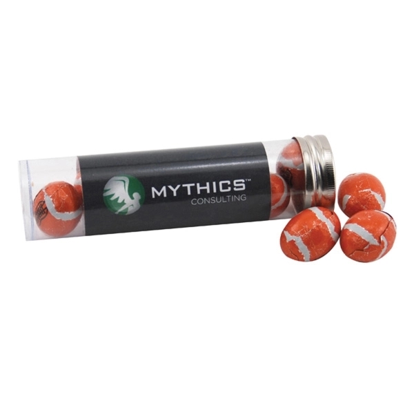 Chocolate Footballs in a 5 " Plastic Tube with Metal Cap... from ASI 44900 NC Custom (CI/Lanco) / Lanco