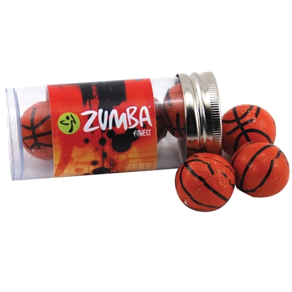 Chocolate Basketballs in a 3 " Plastic Tube with Metal Cap... from ASI 44900 NC Custom (CI/Lanco) / Lanco