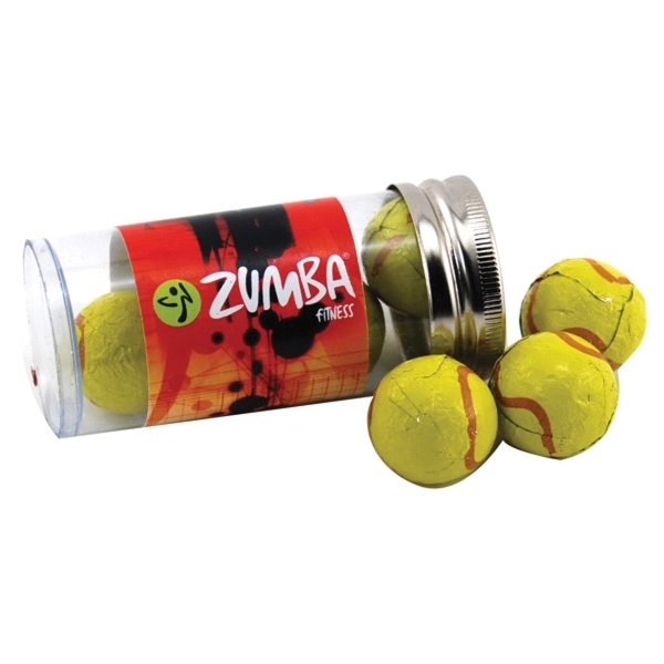 Chocolate Tennis Balls in a 3 " Plastic Tube with Metal... from ASI 44900 NC Custom (CI/Lanco) / Lanco