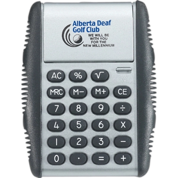 Silver case calculator with black rubberized edges and keys, and LCD... from ASI 42920 Busrel Inc