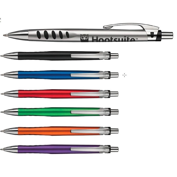 Plano plunger-action pen with contoured, metallic barrel, show-through grips, and a... from ASI 82498 RiteLine LLC