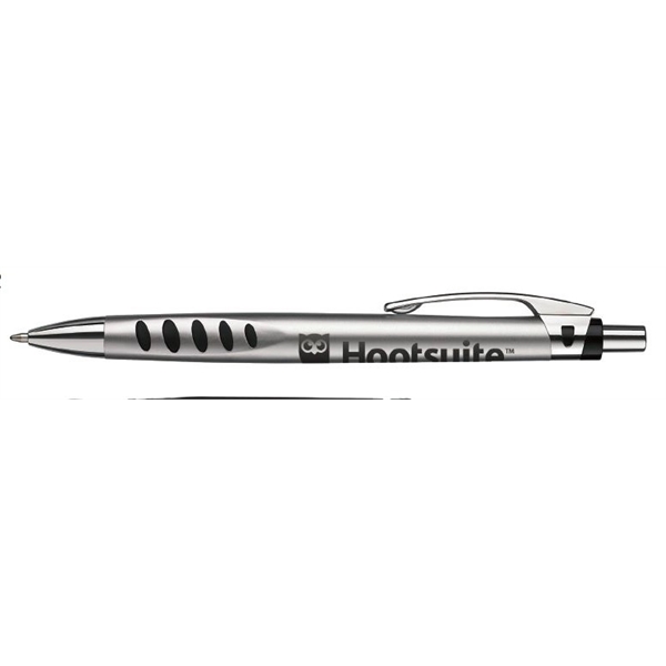 Plano plunger-action pen with contoured, metallic barrel, show-through grips, and a... from ASI 82498 RiteLine LLC