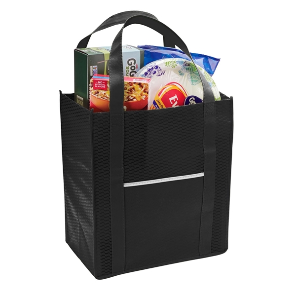 Grocery tote made of 80 GSM non-woven polypropylene, front pocket, 20"... from ASI 52840 Evans Manufacturing