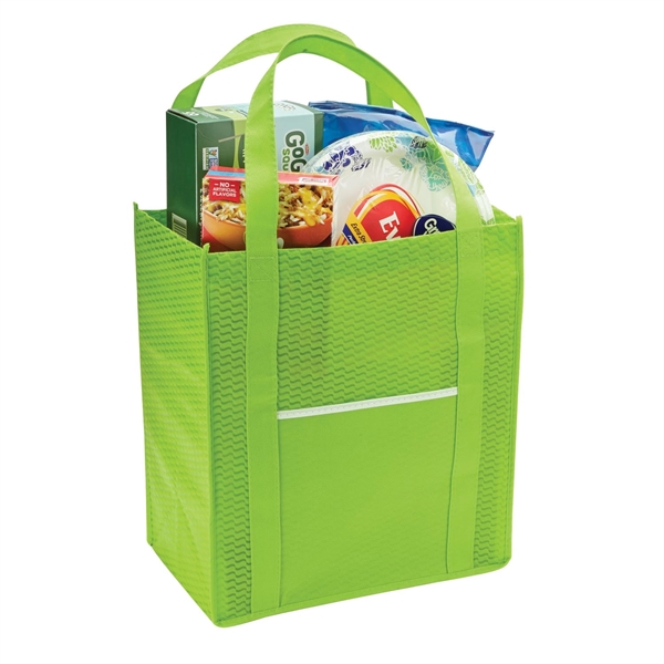 Grocery tote made of 80 GSM non-woven polypropylene, front pocket, 20"... from ASI 52840 Evans Manufacturing