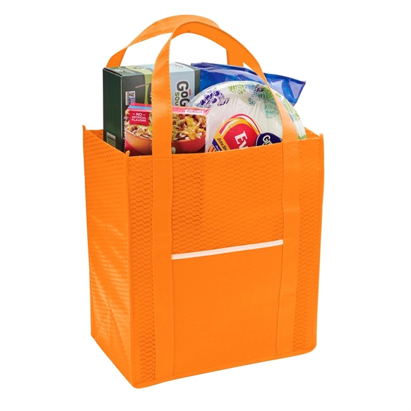 Grocery tote made of 80 GSM non-woven polypropylene, front pocket, 20"... from ASI 52840 Evans Manufacturing