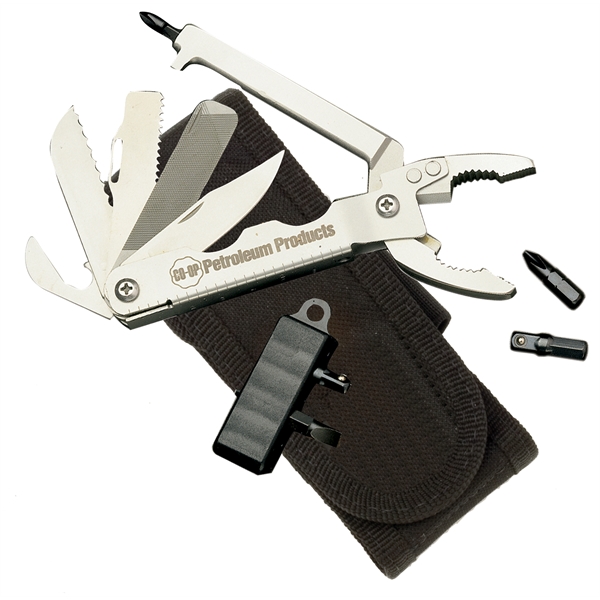 Stainless 17-function tool with pliers design. Offered w/ nylon pouch, bits,... from ASI 93130 Utica Cutlery Co/Kutmaster 400 Line / Utica