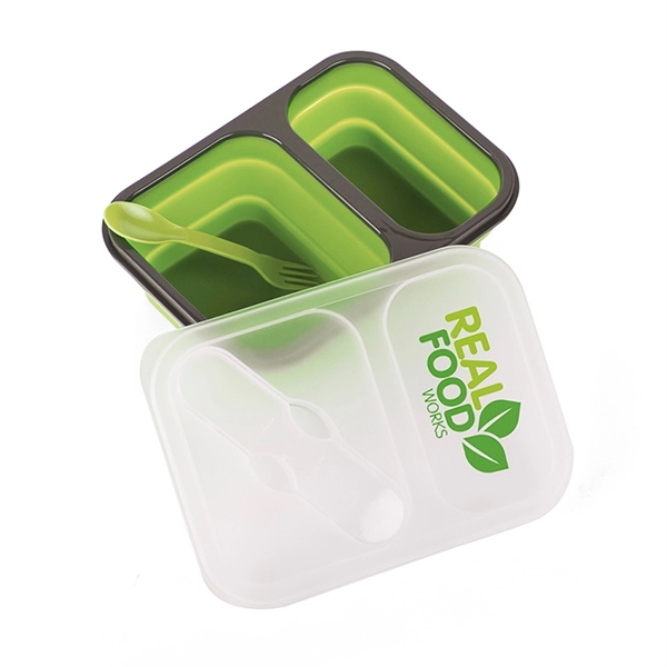Polyurethane and silicone lunch box with divided compartments and built-in fork/spoon... from ASI 88060 Snugz/USA Inc / Sweda®