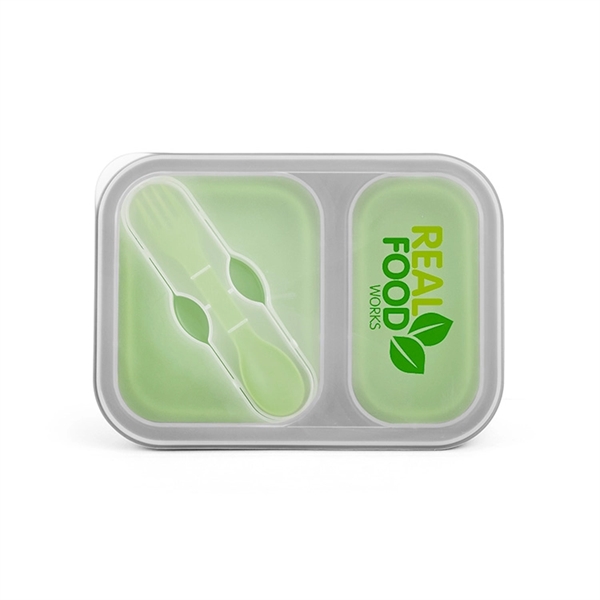 Polyurethane and silicone lunch box with divided compartments and built-in fork/spoon... from ASI 88060 Snugz/USA Inc / Sweda®