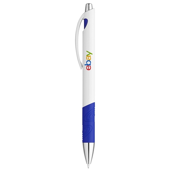 Plunger-action pen with a white glossy barrel, swirl design rubber grip,... from ASI 88060 Snugz/USA Inc / Sweda®