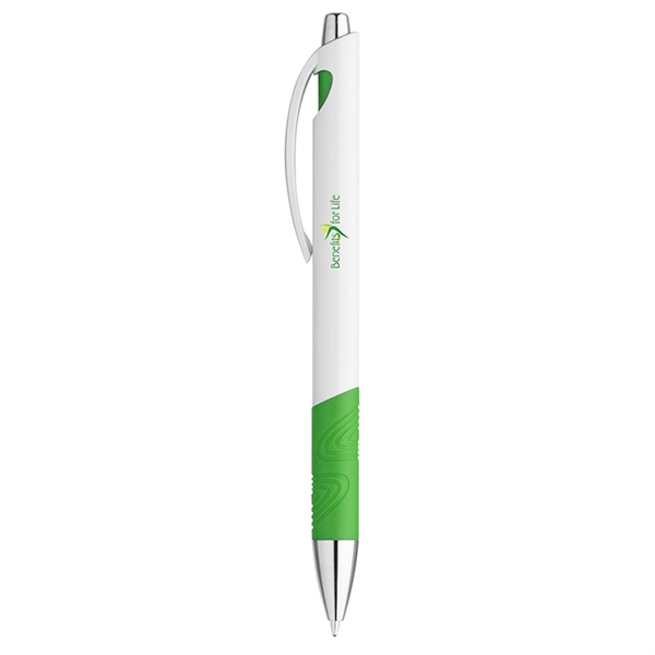 Plunger-action pen with a white glossy barrel, swirl design rubber grip,... from ASI 88060 Snugz/USA Inc / Sweda®