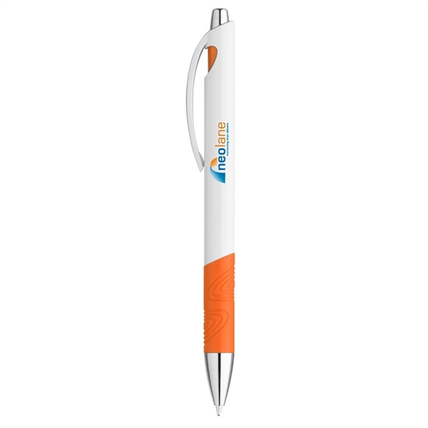 Plunger-action pen with a white glossy barrel, swirl design rubber grip,... from ASI 88060 Snugz/USA Inc / Sweda®