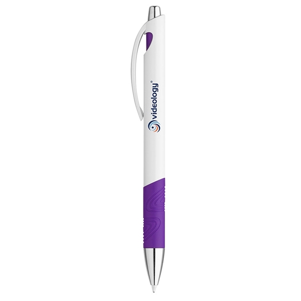Plunger-action pen with a white glossy barrel, swirl design rubber grip,... from ASI 88060 Snugz/USA Inc / Sweda®