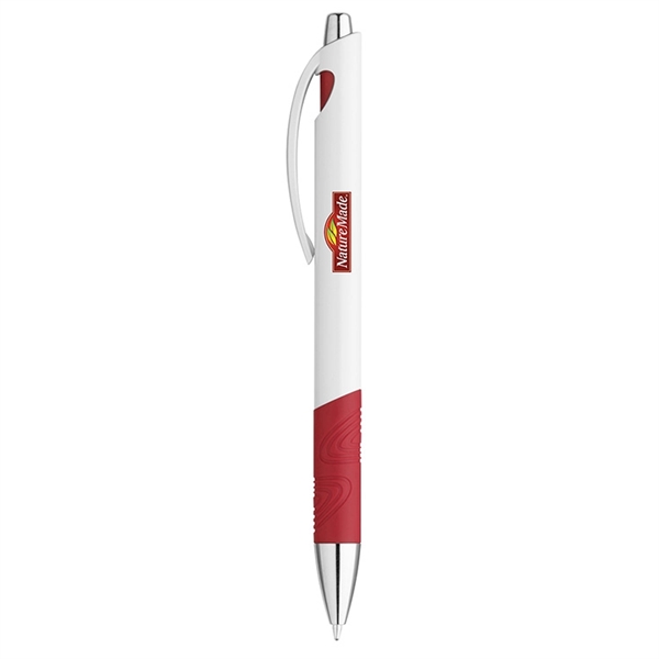 Plunger-action pen with a white glossy barrel, swirl design rubber grip,... from ASI 88060 Snugz/USA Inc / Sweda®