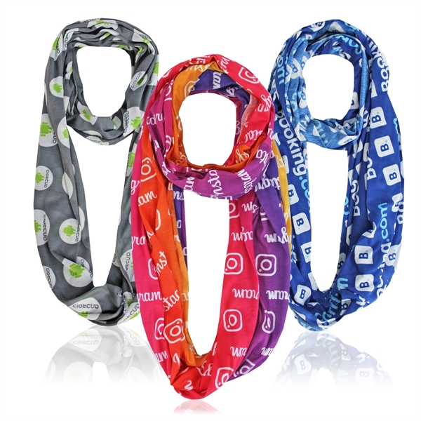 Pantone matched infinity scarves made of polyester with full-color sublimation imprint.... from ASI 45657 Pop! Promos