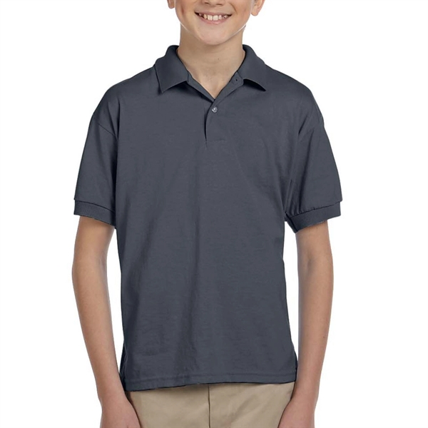 Gildan moisture-wicking cotton / polyester youth polo with two wood-tone button... from ASI 39552 BEL Promo