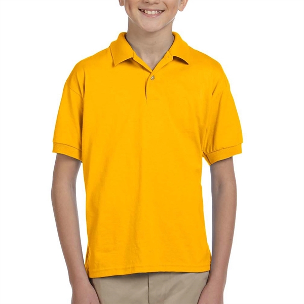 Gildan moisture-wicking cotton / polyester youth polo with two wood-tone button... from ASI 39552 BEL Promo