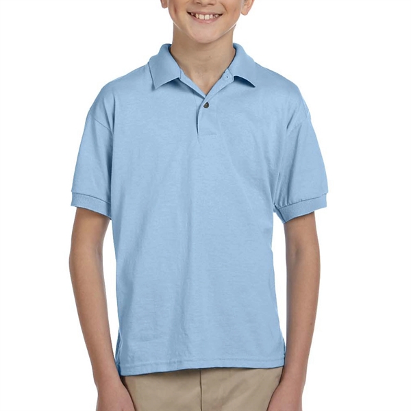 Gildan moisture-wicking cotton / polyester youth polo with two wood-tone button... from ASI 39552 BEL Promo