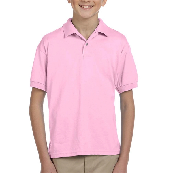 Gildan moisture-wicking cotton / polyester youth polo with two wood-tone button... from ASI 39552 BEL Promo