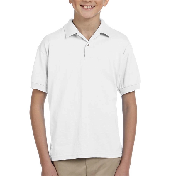 Gildan moisture-wicking cotton / polyester youth polo with two wood-tone button... from ASI 39552 BEL Promo