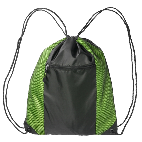 Polyester drawstring backpack with front mesh pocket and zipper closure... from ASI 39552 BEL Promo