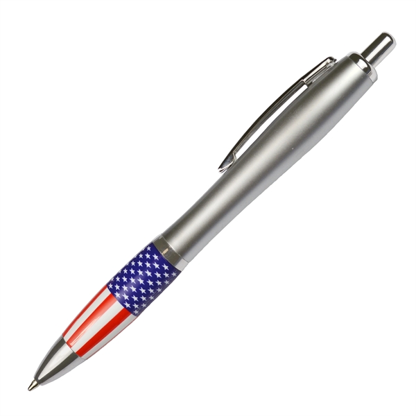 Click action ballpoint pen designed with a silver barrel and patriotic... from ASI 57956 Graphco line