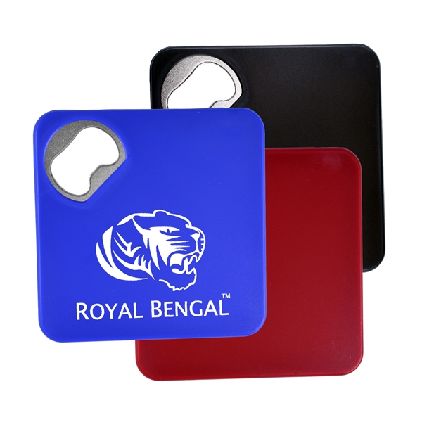Square plastic coaster with bottle opener on corner and anti-slip backing.... from ASI 57956 Graphco line