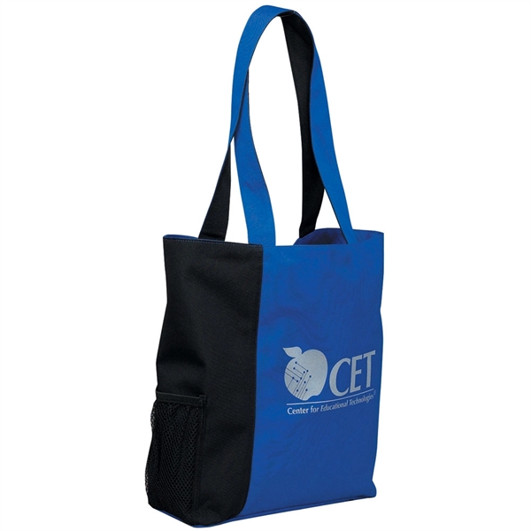 Polyester, two-toned classic styled tote with wide-opening and mesh pocket.... from ASI 79384 Preferred Nation Inc / G-tech