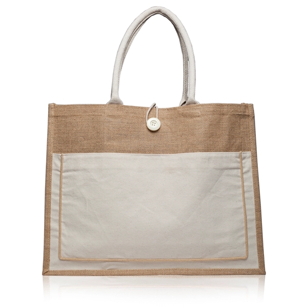 Laminated jute tote bag with cotton pocket that measures 17.75" W... from ASI 39552 BEL Promo