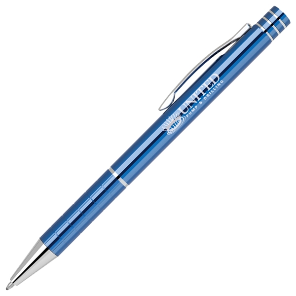 Aluminum click action ballpoint pen with grid etched grip... from ASI 79535 Primetime