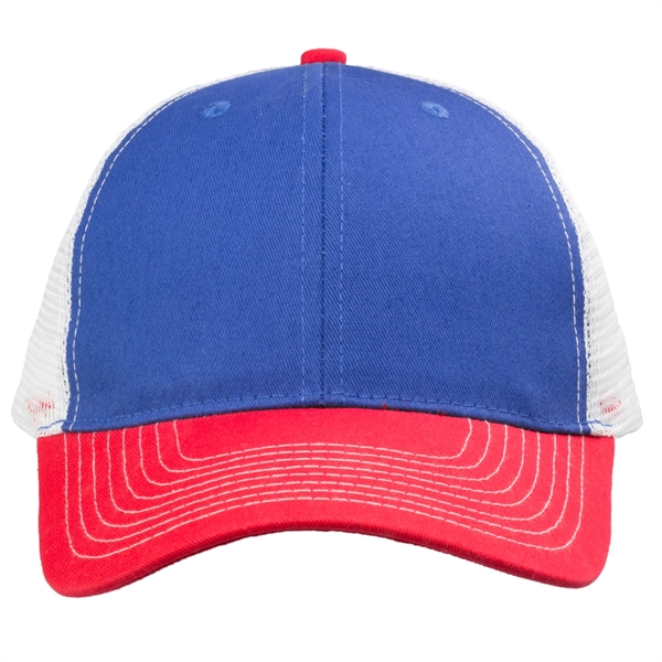 Six-panel, structured tri-color cap with snap closure, cotton front and mesh... from ASI 39552 BEL Promo