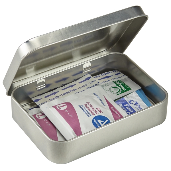 First Aid Kit in large Tin. Contains bandages, creams, sanitizers, towlettes,... from ASI 52840 Evans Manufacturing