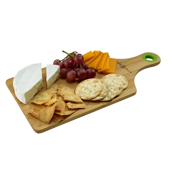 Bamboo charcuterie cheese board with a silicone accent ring on top... from ASI 52840 Evans Manufacturing