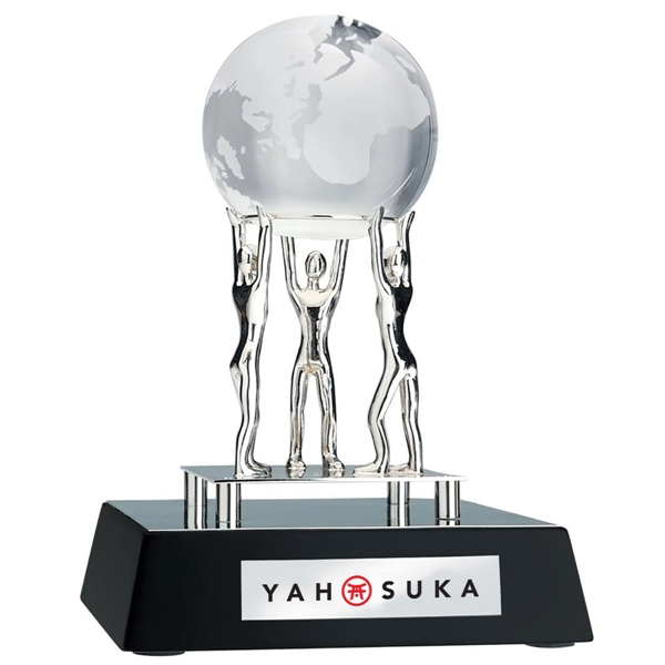 Chrome figures holding a frosted globe on top of a black... from ASI 40544 Binaco / Binaline