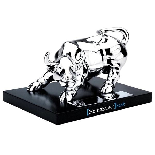 Elegant silver plated bull standing on a black wooden base.... from ASI 40544 Binaco / Binaline