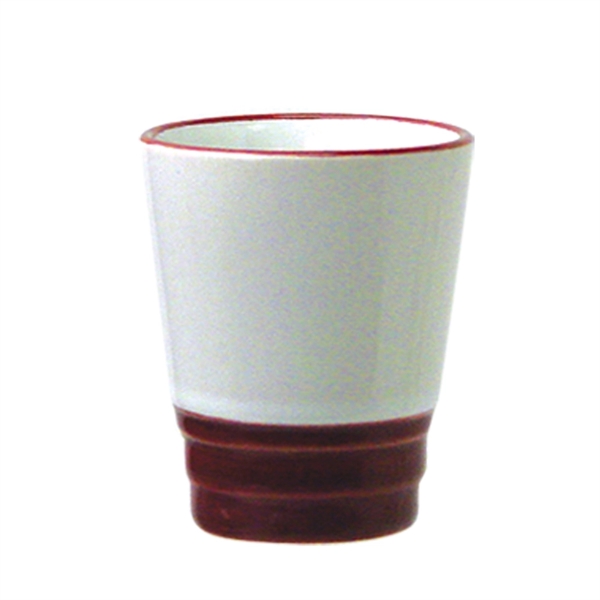 1.5 oz. Ceramic shot with red trim.... from ASI 92133 777 Promotional Products Inc