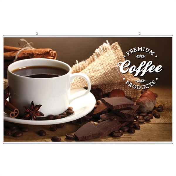 7 foot wide aluminum hanging banner clamp bar with double-sided graphics.... from ASI 30442 Above & Beyond Advertising Products