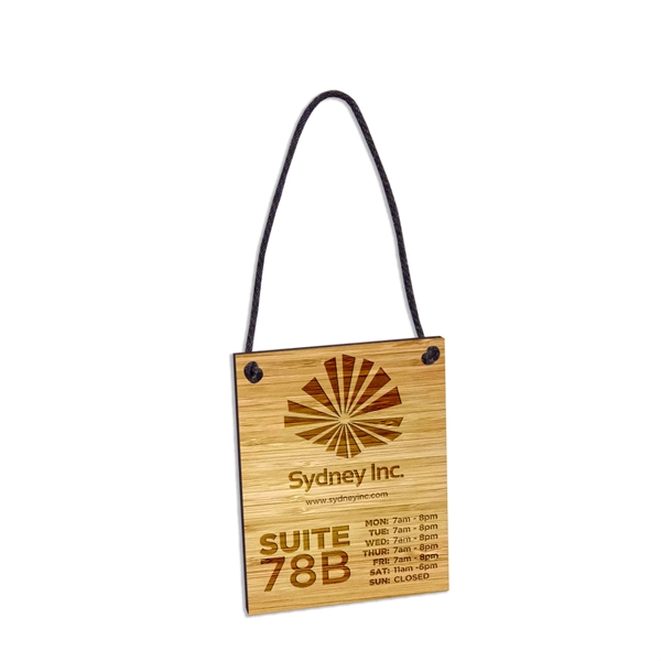 Laser etched bamboo hanging wood signs featuring a 14" black nylon... from ASI 72521 Morris Magnets / Laser Cuts