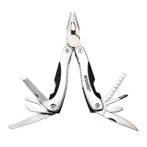 Sleek multifunction tool with stainless steel handle and black rubber grips... from ASI 46170 Compass Industries Inc